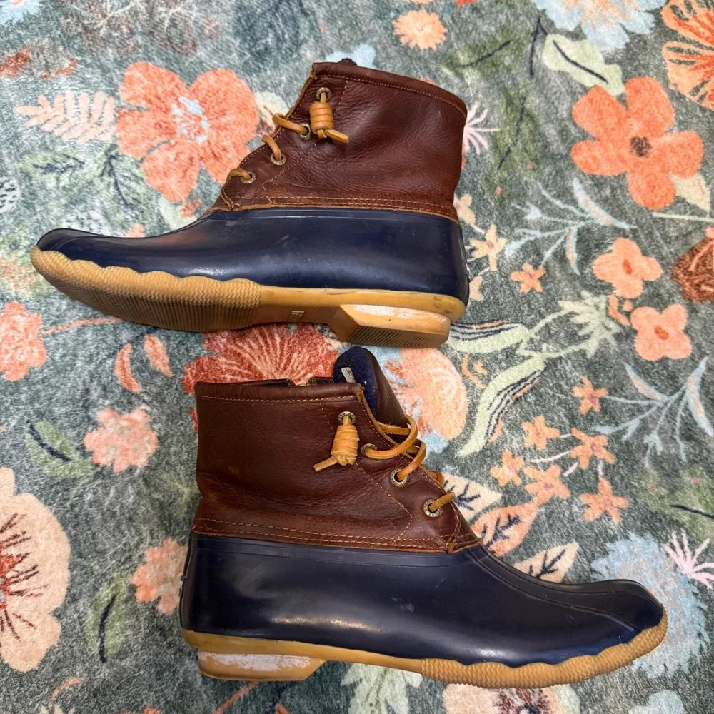 Sperry Saltwater Duck Boots Navy Brown Waterproof Leather STS91175 Womens 9